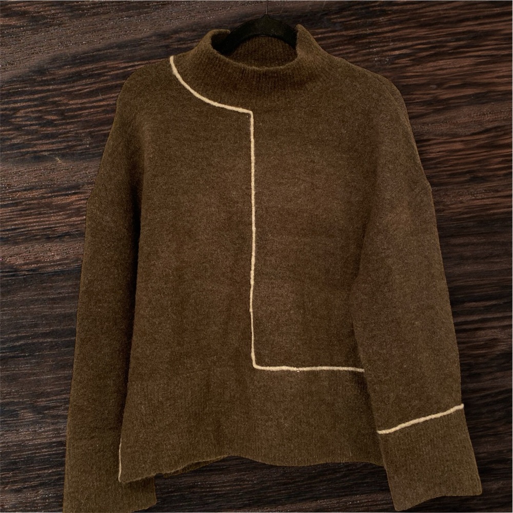 Zara Chocolate Turtleneck Sweater with Ivory Accents